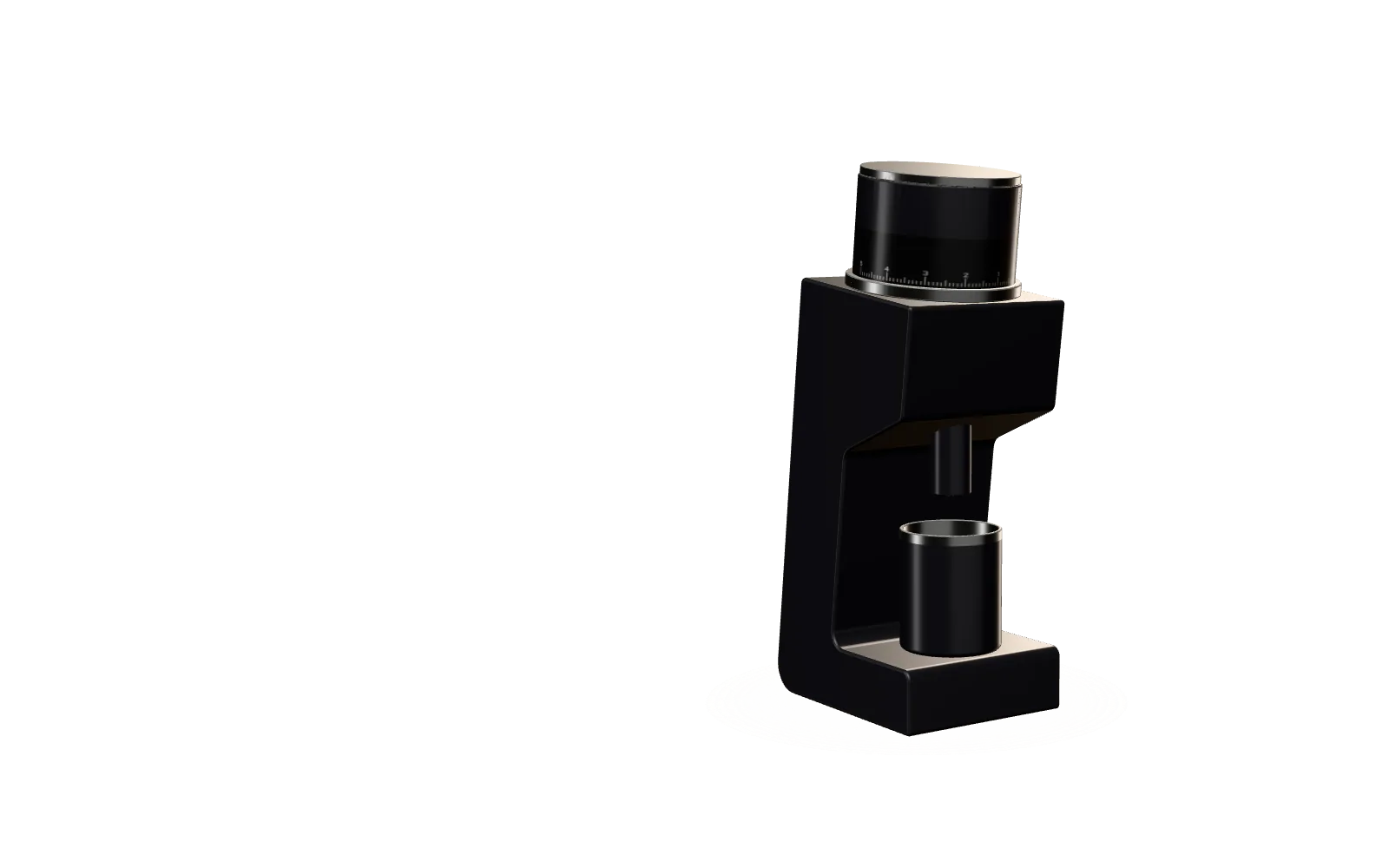 어두운 스튜디오에 놓인 검은색 커피 그라인더 3D 모델