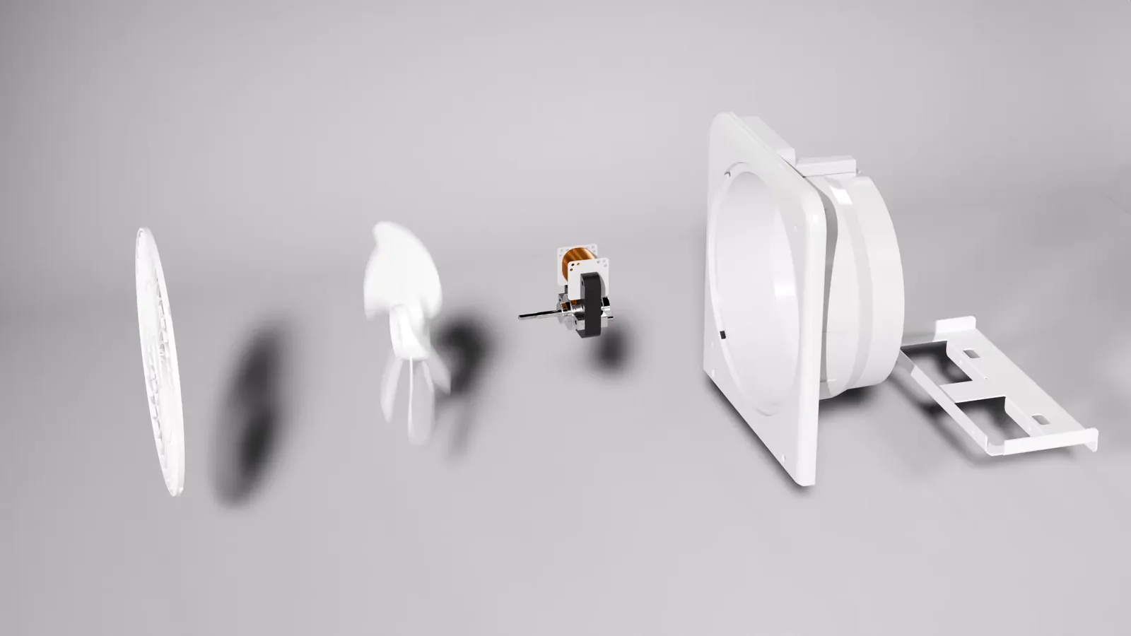 환풍기 부품이 차례로 분리된 3D 장면