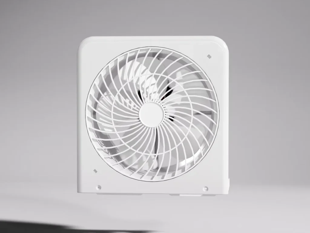 흰색 사각형 환풍기의 전면 그릴과 날개를 정면에서 본 3D 대표 이미지